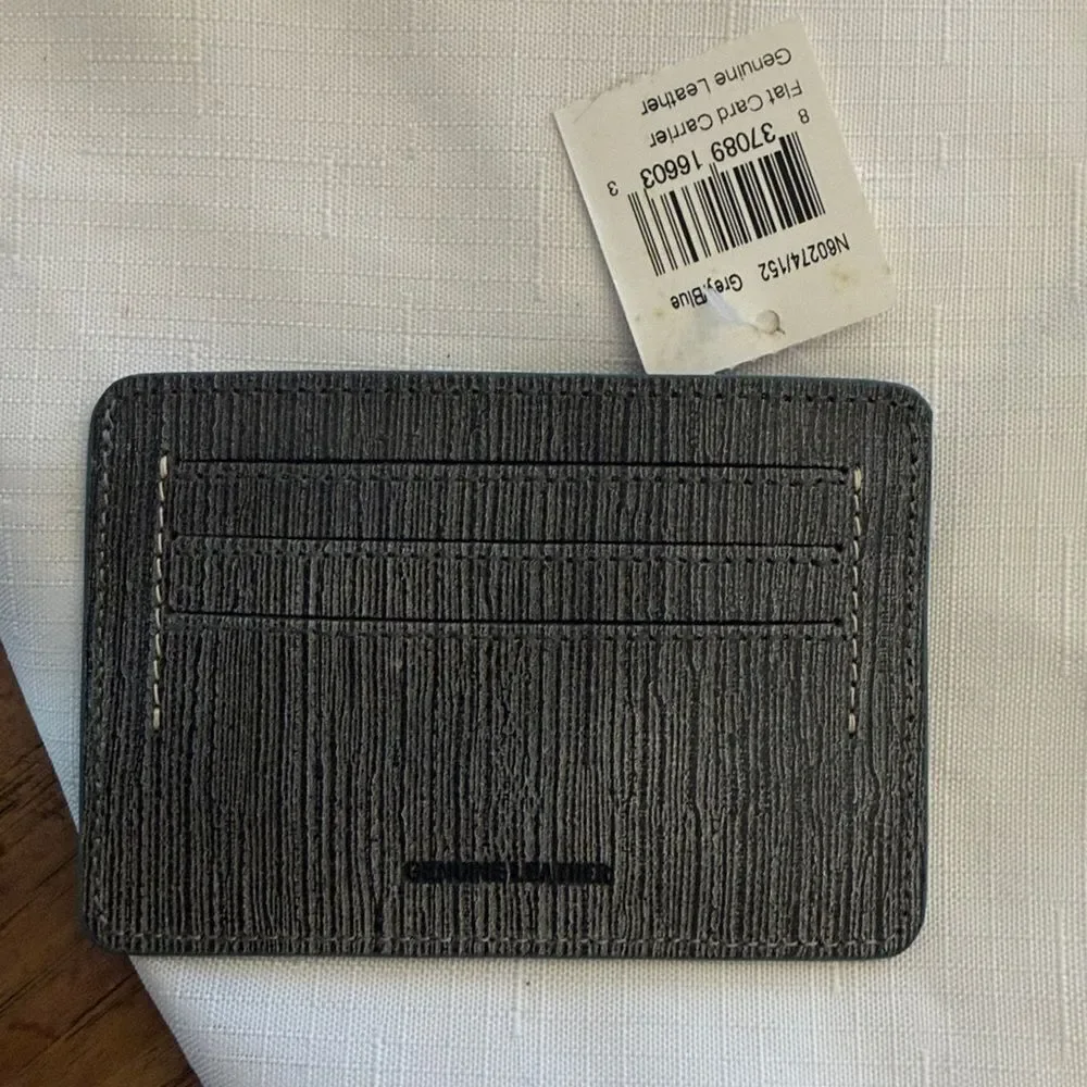 J. FOLD LEATHER CARD CARRIER.  GREY WITH BLUE TRIM.  NEW.
